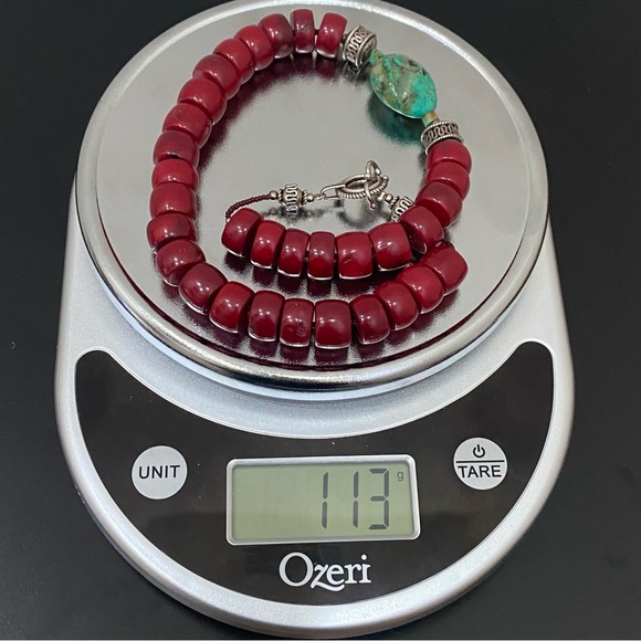 Handcrafted Red Coral & Turquoise Bali Toggle Clasp 17” Chunky Necklace 113g - Picture 13 of 15